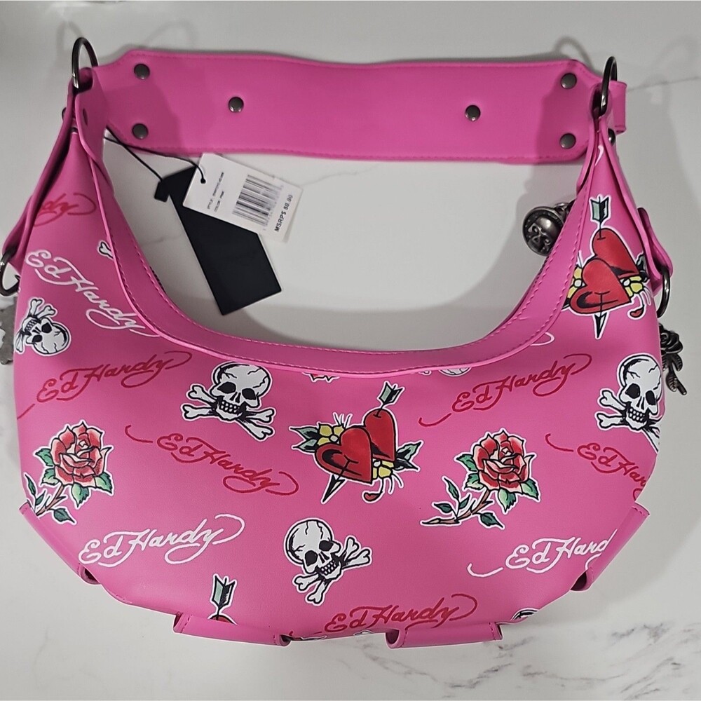 Y2K STYLE - Ed Hardy Pink Stud Shoulder Bag Skull Rose Graphic- see description - Picture 4 of 16